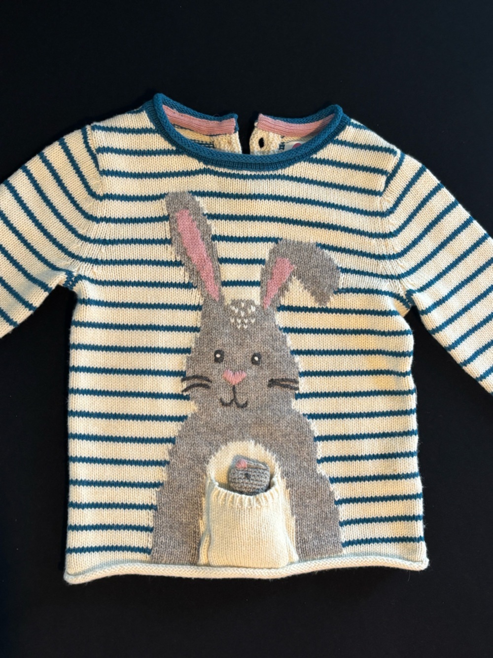 NWT Baby Boden Blue Stripe Bunny Pocket Knit Jumper Sweater Vintage Kids 2-3T